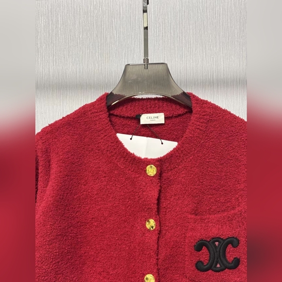 Celine Red Crewneck Stereoscopic Letter Logo Embroidered Knit Cardigan - Picture 3 of 9